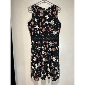Owin Womens XL Floral Fit‎ and Flare Dress Black Sleeveless Lace Waist A-Line